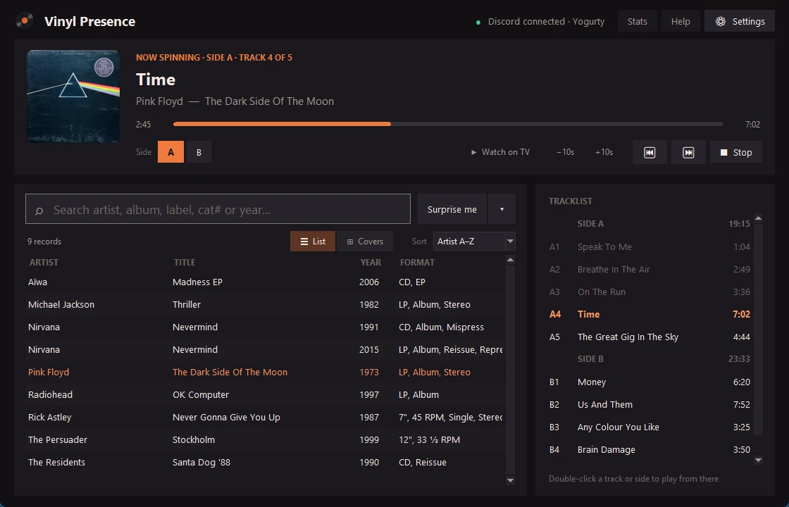 The Vinyl Presence window with a record collection and a tracklist